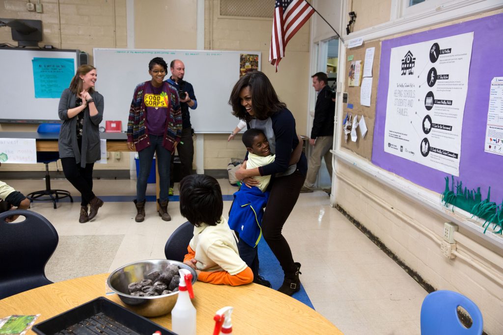 First Lady Michelle Obama, in support of "Let's Move!" visits Burroughs Elementary School in Washington, D.C., Feb. 25, 2016. (Official White House Photo by Chuck Kennedy) This photograph is provided by THE WHITE HOUSE as a courtesy and may be printed by the subject(s) in the photograph for personal use only. The photograph may not be manipulated in any way and may not otherwise be reproduced, disseminated or broadcast, without the written permission of the White House Photo Office. This photograph may not be used in any commercial or political materials, advertisements, emails, products, promotions that in any way suggests approval or endorsement of the President, the First Family, or the White House. Consistent with these restrictions, a commercial printer may produce print(s) of the photograph for the subject(s) personal use.