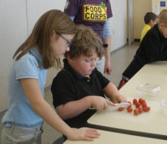 Two students, a boy and a girl, cut small red tomatoes on a cutting board in a classroom