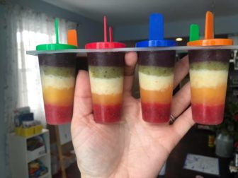 A tray of popsicles, stick side up, with fruit layers in red, orange, yellow, green and purple