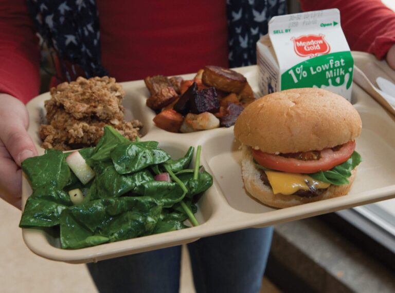 A student holding a lunch tray; the contents include a sandwich, greens, and other veggies. School meals for all legislation can help ensure every kid has access to a nourishing meal at school.