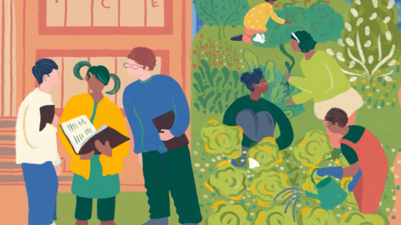 Illustration of students reading a book and in a garden