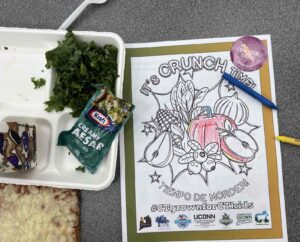 A school lunch tray and coloring page that says It's Crunch Time.