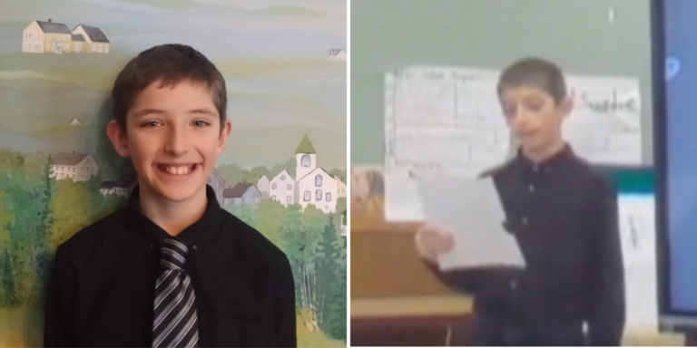 Two pictures of fifth grader Ben Rivers; on the left is a posed picture in front of a painting, and on the right is a still from video footage of Ben’s speech.