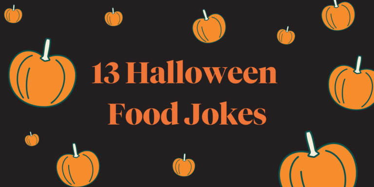 "13 Halloween Food Jokes" in orange text on a black background surrounded by illustrations of orange pumpkins in various sizes