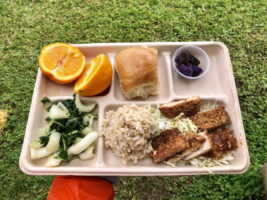 An example of school lunches at this Hawaii school: a beige tray of chicken katsu over rice and greens with sides of bok choy, an orange, purple yam (ube), and a roll