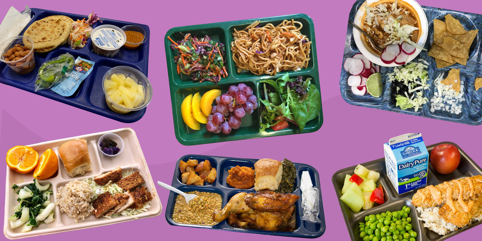 An array of beautiful school lunches, featuring lots of fruits and vegetables, on a purple background.