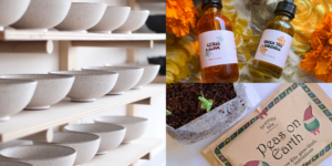 A collage of gift ideas made by FoodCorps alumni: shelves of handmade white ceramic bowls, two bottles of body oils, and a sprout planted in dirt next to a packet labeled "Peas on Earth."