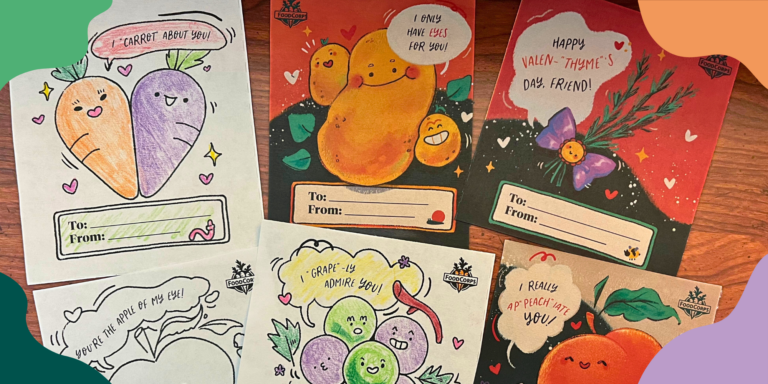 An assortment of FoodCorps valentine cards with decorative color blobs in the corners