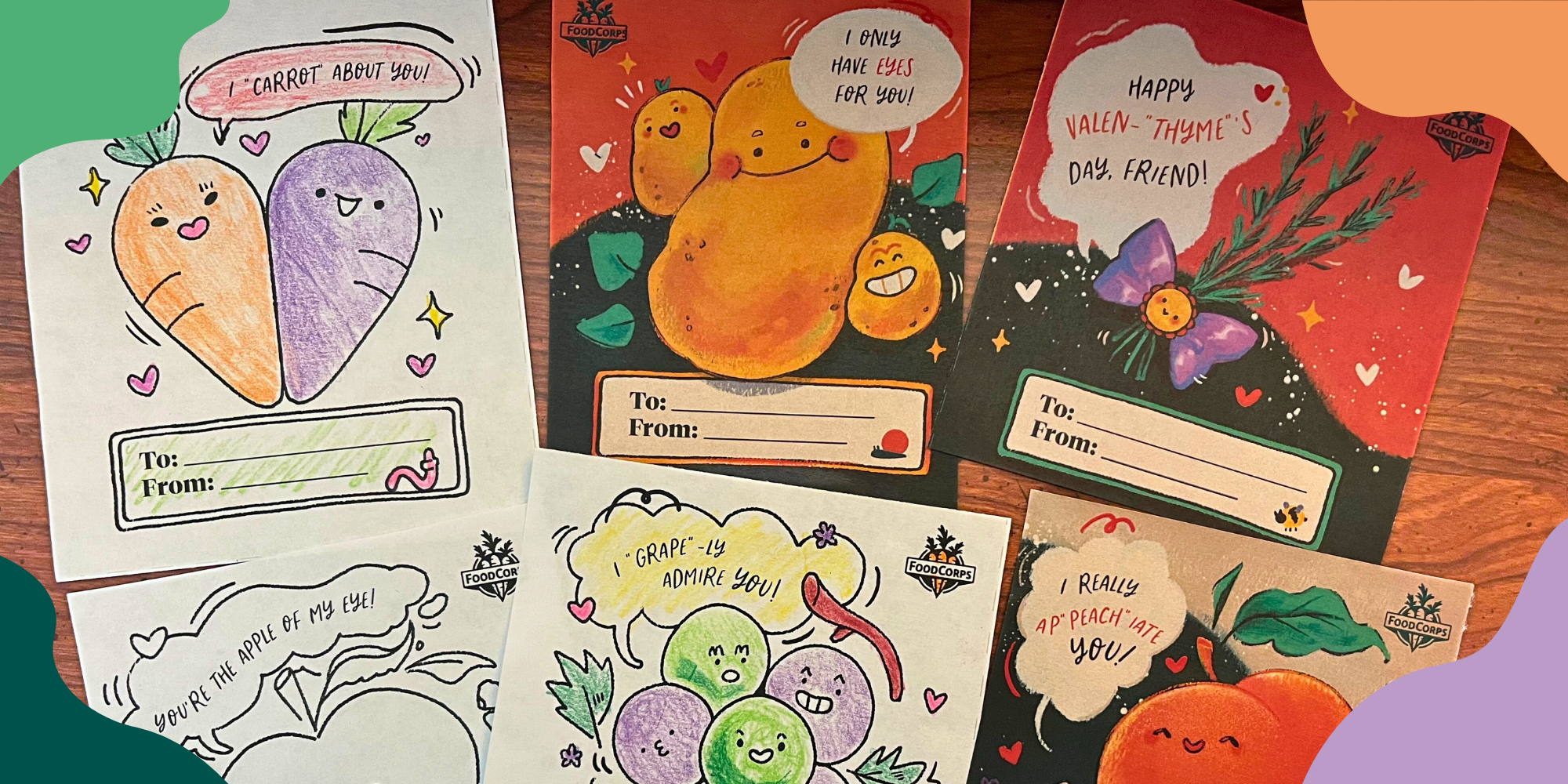 An assortment of FoodCorps valentine cards with decorative color blobs in the corners