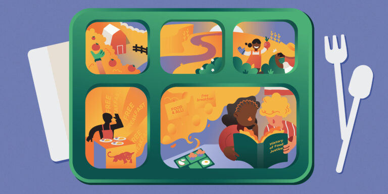 A graphic rendering of a green lunch tray with five separate sections, each one showing an illustrative scene representing the movement for food justice. Scenes include a farmer, kids gardening, the Black Panthers offering kids free breakfast, and advocates calling for free school meals.
