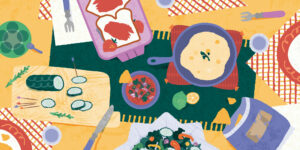 An illustration of the summer recipes and ingredients featured in this post, brightly colored and spread across picnic blankets.