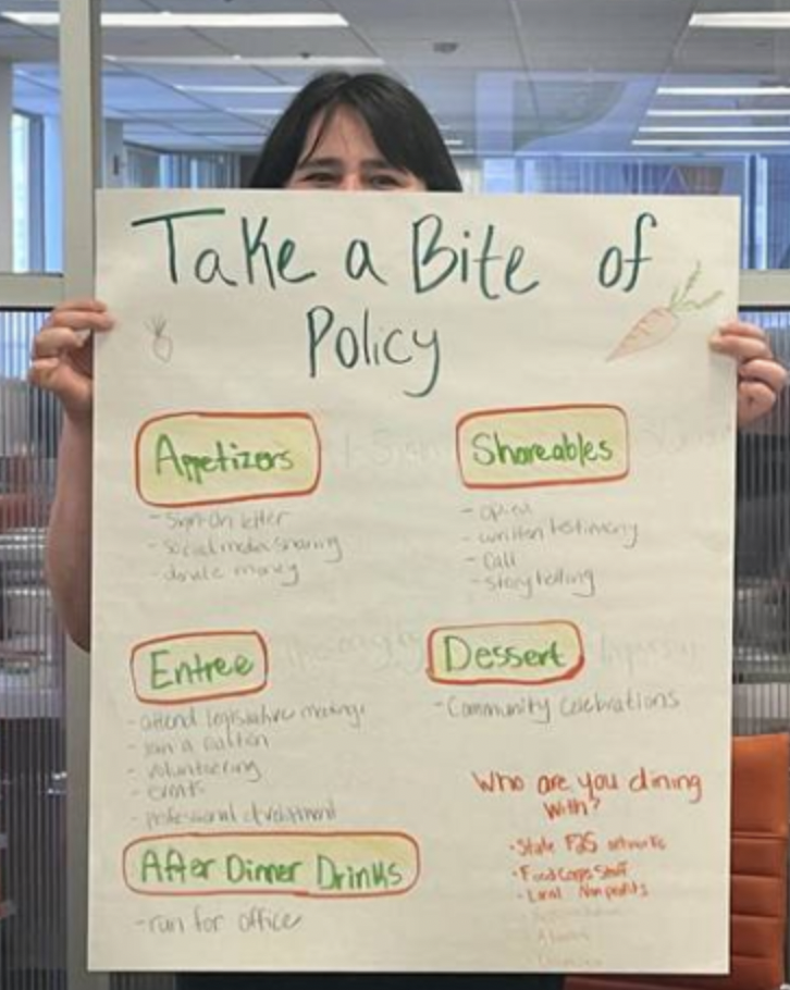 A person holds up a large piece of paper with a handwritten title, "Take a Bite of Policy," and other handwritten ideas for policy advocacy