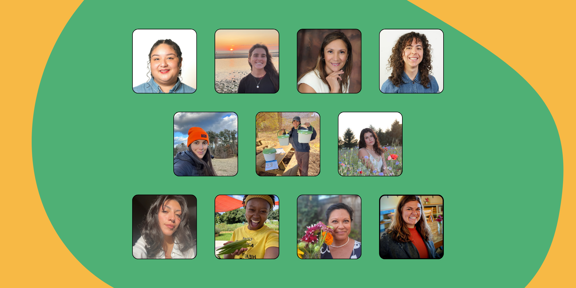 Photos of the 11 Alumni Advocacy Leads on a green and yellow background.