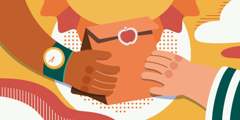 An illustration of a bagged lunch passing between hands, on a bright sunny background. Summer meals programs help more kids access nutritious food when school is out.