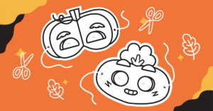 Two printable halloween masks designs on an orange background.