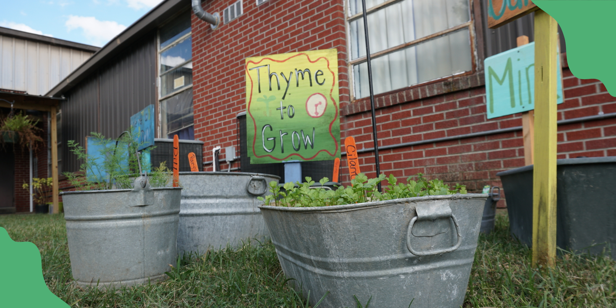 Raised beds of plants circle a sign that says "Thyme to grow!" in a school garden.