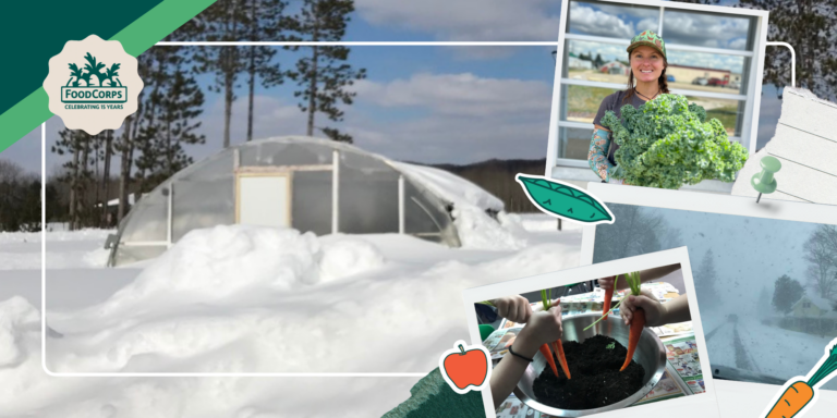 A collage of images from the FoodCorps archive illustrating Casey Haggerty's essay about hunger during snow days at her schools in Petoskey, Michigan.