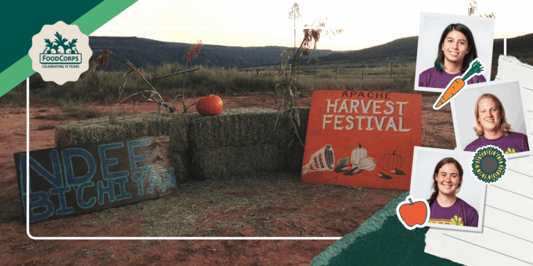 Signage welcoming visitors to The Peoples' Farm in Arizona, dedicated to revitalizing Native foodways; photos of the three authors of the piece along the right side.